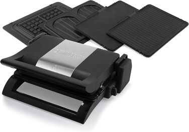 Принцеса 112536 Мультигриль 4-в-1, сендвіч, контакт, настільний гриль і вафельниця, змінні пластини, нержавіюча сталь, з антипригарним покриттям, чорний/сріблястий, контактний гриль 4-в-1 1500 Вт