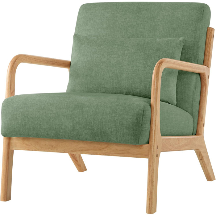 Акцентне крісло з подушкою, сучасне м&39яке крісло для вітальні, крісло для відпочинку з підлокітниками та дерев&39яним каркасом, зручне крісло для читання, зелена тканина, комплект з