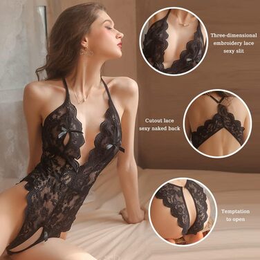 Жіноче мереживне боді Teddy, чорний, глибокий V-виріз
