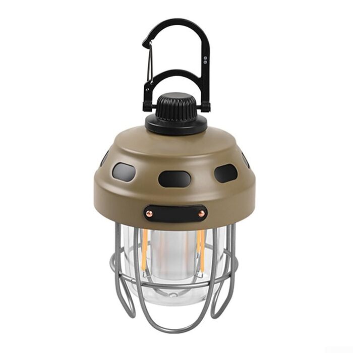 Акумуляторний кемпінговий ліхтар з акумулятором 2000 мАг, тепле/жовте світло, клас захисту IPX3, конструкція з алюмінію, сталі та ABS-пластику, для наметів та використання на свіжому повітрі (коричневий)