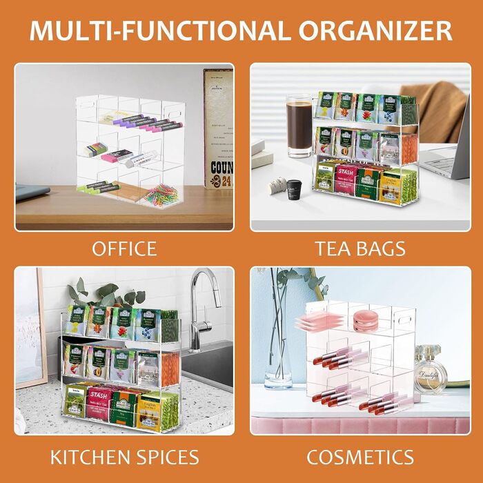 Акриловий органайзер для чайних пакетиків з 12 відділеннями на 216 чайних пакетиків, не потребує складання та економить місце, прозорий органайзер для чаю, без запаху, сучасний та стильний органайзер для зберігання чаю