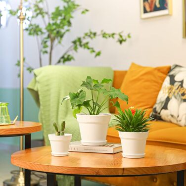 Пластиковий квітковий горщик 19 см з блюдцем, набір із 6 пластикових горщиків для трав з кількома дренажними отворами, круглий горщик для сукулентів у приміщенні та на балконі, білий/розкішний сад 19 см, 4U