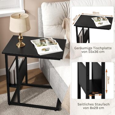 Приставний столик Журнальний столик Диванний столик Тумбочка Приліжковий столик Столик для ноутбука, металевий каркас, стільниця з ДСП, 55x36x59,5 см (ШxГxВ), чорний TS79sz