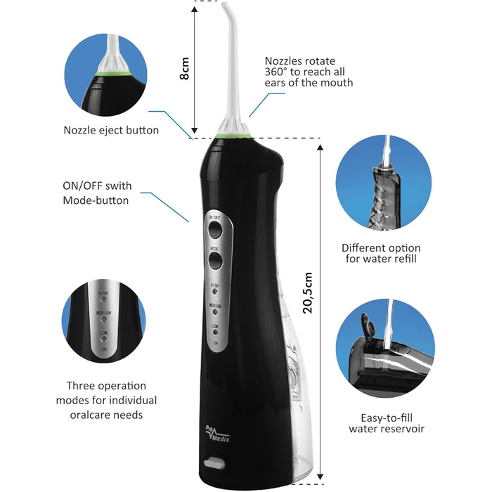 Портативний іригатор для ротової порожнини Бездротовий водний флоссер для чищення зубів та догляду за гігієною ротової порожнини, 4 насадки (Чорний), 770