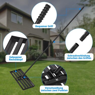 Вирівнювальний граблі Rasen Rakel з нержавіючої сталі та алюмінієвою ручкою для видалення піску, 75x25 см, довжина ручки 200 см - чорний