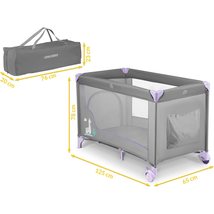 Дитяче ліжечко Ricokids з матрацом 125 x 65 x 78 см, дорожнє ліжечко, вагою до 15 кг, 2 колеса з гальмами, знімний бічний вхід, сумка для перенесення, складна, компактна, світло-сіра, лавандова