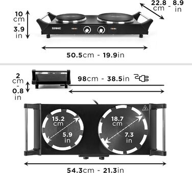 Електрична нагрівальна плита Duronic HP2 BK 1500 Вт Подвійна чавунна варильна поверхня 20 і 15 см ергономічні ручки регульований термостат Мобільна плита альтернатива варильній поверхні