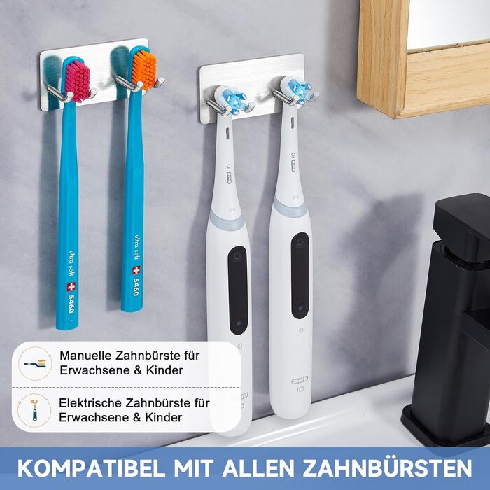 Тримач для зубної щітки YYBO Настінний тримач для зубної щітки Тримач для електричної зубної щітки Тримач головки щітки з нержавіючої сталі, Тримач для електричної зубної щітки без свердління, Багатофункціональний гачок для ванної кімнати