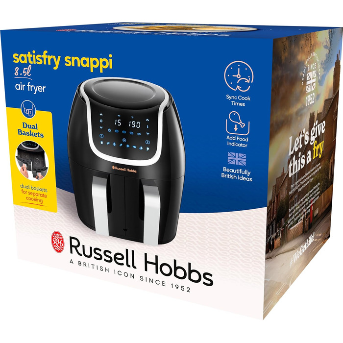 Двокамерна фритюрниця Russell Hobbs 2 відділення кожне 4,25 л, можна використовувати лише окремо, загальний об'єм 8,5 л Технологія швидкої фритюрниці (8 програм, можна мити в посудомийній машині, сенсорний екран) Аерофритюрниця 27290-56S