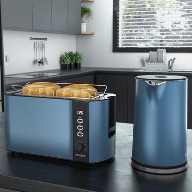 Чайник з тостером SET Нержавіюча сталь синій, чайник 1,5 л, 40 - 100C Тостер з функцією збереження тепла 4 скибочки LED-дисплей 6 ступенів підрум'янювання Насадка для рулону