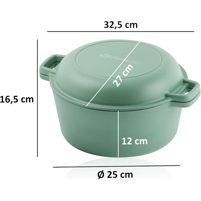 Чавунна емальована каструля Mahlzeit 6,9 л м'ятна, кругла чавунна каструля з кришкою та 2 ручками традиційна чавунна каструля, ема