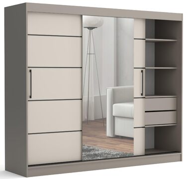 Шафа з дзеркалом та шухлядами, ширина 235 см, Chelsea Tomy, шафа з розсувними дверима та дзеркалом, шафа для спальні, шафа камінь/бежевий.