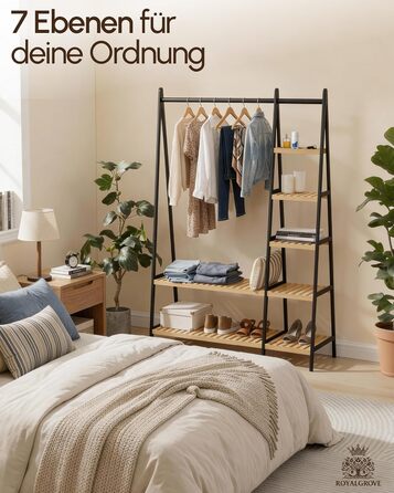 Вішалка для одягу, штанга для одягу, підставка для гардеробу, 44 x 110 x 160 см, шафа, полиця для взуття, відкрита шафа, 7 полиць, спальня, передпокій, бамбук, чорний