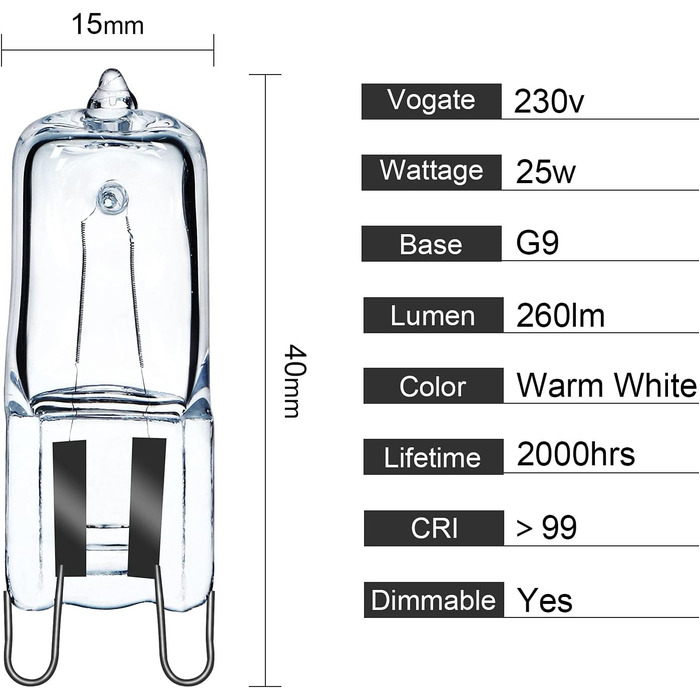 Галоген G9 40 Вт 230 В Лампа для духовки Лампа для духовки та мікрохвильової печі 300 градусів C Термостійкі лампочки в упаковці 2, теплий білий