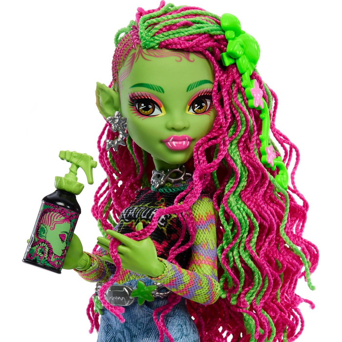 Лялька Monster High Venus McFlytrap з рослинним монстром-кітом Чуліаном та аксесуарами, такими як рюкзак, блокнот, снеки тощо, HRP81 Lime Green