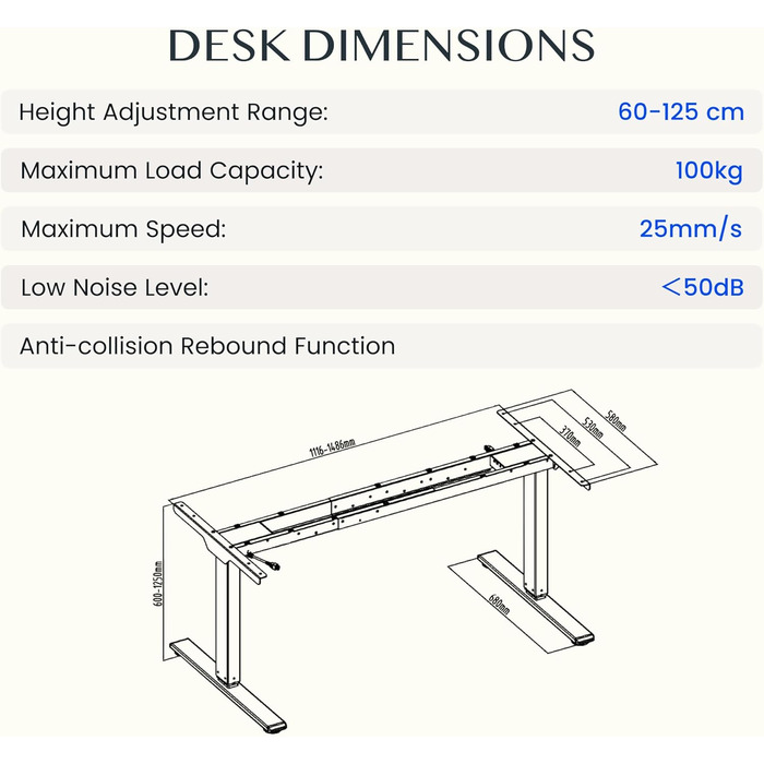 Каркас столу FLEXISPOT з регулюванням висоти, подвійний двигун та 3-рівневі ніжки, регулювання висоти 60-125 см, каркас столу зі світлодіодним дисплеєм висоти, 4 положення пам&39яті та захист від зіткнень (колір Nobel Black) EC5-Lite Black