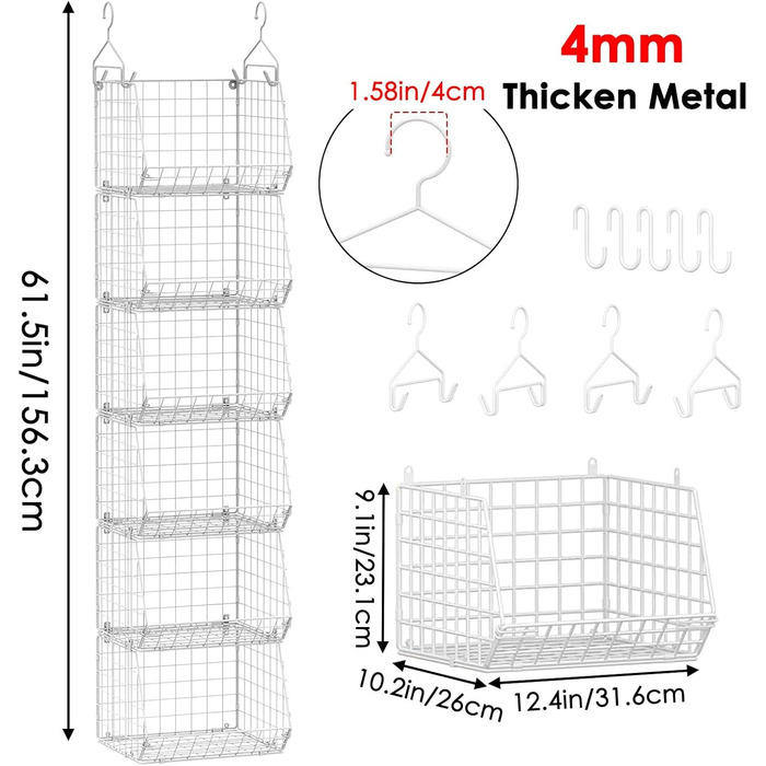 Металева підвісна полиця, 6 ярусів, штабелюваний органайзер для шафи, міцна та компактна підвісна полиця, ідеально підходить для студентських гуртожитків та кемперів, білий колір