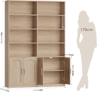 Книжкова шафа FirFurd 185,5 см з дверцятами, 12 полиць, вітрина, полиця, висока шафа для вітальні, офісу, кухні, 115 x 27 x 185,5 см, дуб