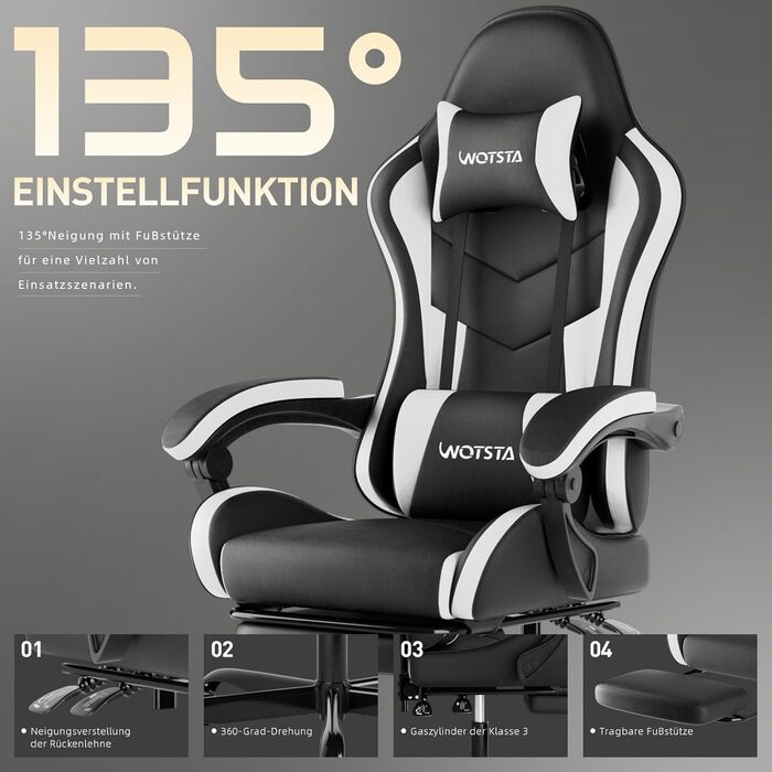 Ігрове крісло, Комп&39ютерне крісло, Ергономічне ігрове крісло з підставкою для ніг, Офісне крісло, Ергономічне комп&39ютерне крісло з поперековою опорою (BLKWT), Чорний/Білий