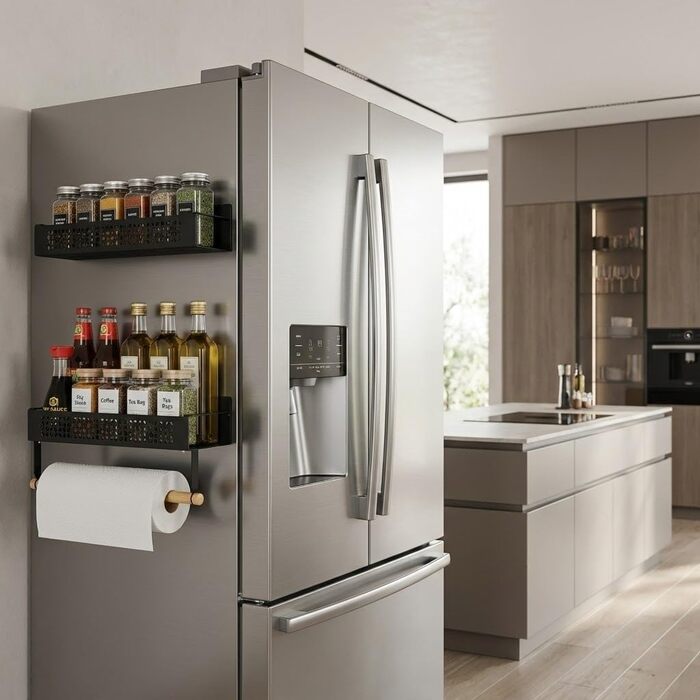 Набір магнітних підставок для спецій, 4 предмети (2 великі 2 маленькі) - Зі штангою для кухонного паперу, надзвичайно сильним магнітом, не потребує свердління - Універсальний органайзер для спецій для холодильника, кухні та стіни