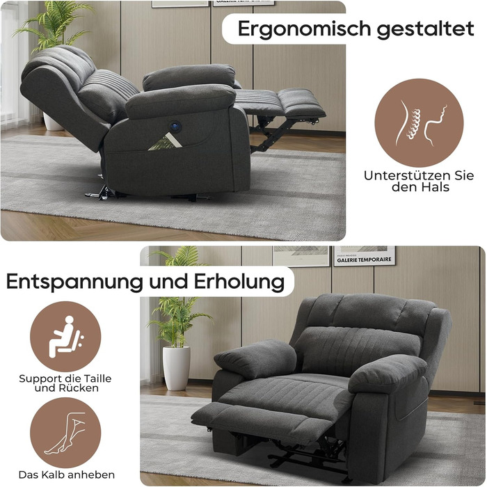 Електричне регульоване крісло для телевізора з функцією масажу, нахилу, вібрації, підігріву, прихованих тримачів для напоїв, портів Type-C та USB, крісло для телевізора для вітальні (сіре)