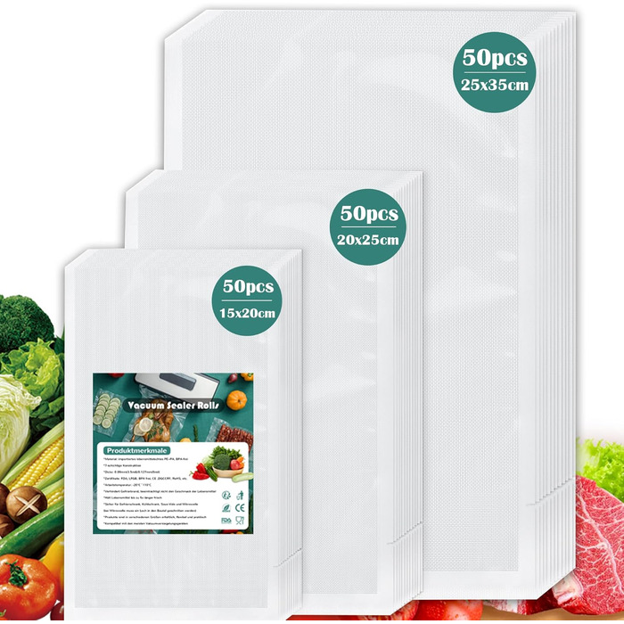 Вакуумні пакувальні пакети Warmfay 150 пакетів 15x20 см (50) і 20x25 см (50) і 25x35 см (50), вакуумні пакети для їжі для всіх вакуумних пакувальників, без BPA, пакети для заморожування Sous Vide, багаторазові професійні пакети з фольги 150 мішків 15x20 с