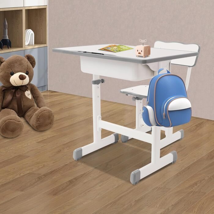 Дитячий письмовий набір, дитячий стіл з регульованою висотою (стіл 64-76 см, стілець 36-42 см), стіл з гачками, шухлядою та лотком для ручок для дітей віком 3-18 років, навчання письму та малюванню (кремово-білий)