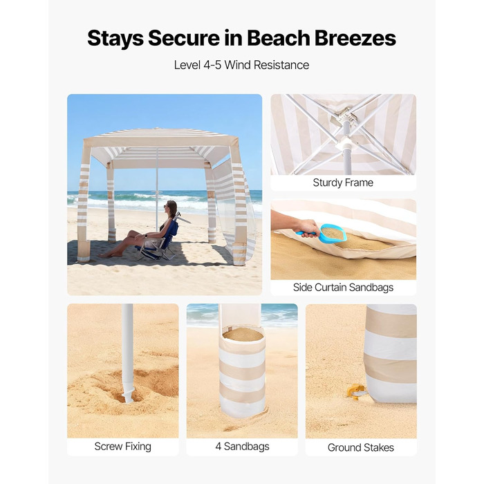 Пляжний навіс VEVOR, 2,4 x 2,4 м з бічною стінкою, сонцезахисний фактор UPF 50, навіс з мішками з піском, регульований по висоті та портативний сонцезахисний навіс для всієї родини та друзів