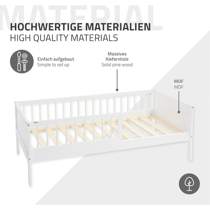 Дитяче ліжко ML-Design 80x160 см, біле, односпальне ліжко для дітей з рейковою основою та захисними поручнями, дитяче ліжко з сосни, дерев&39яне ліжко, каркас ліжка для хлопчиків та дівчаток, дитяче ліжечко з масиву дерева, ліжечко для малюків 80 x 160 см