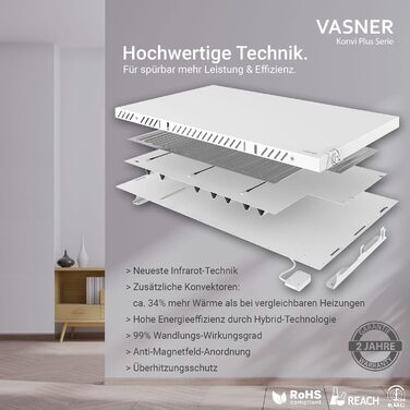 Інфрачервоний гібридний обігрівач VASNER Konvi Plus Електричний обігрівач з термостатом, 600-1200 Вт, гібридний інфрачервоний обігрівач, білий колір із закругленими кутами, настінний, 3-річна гарантія, німецька карбонова технологія (900 Вт)