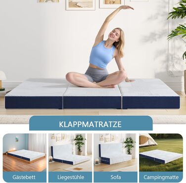 Складаний матрац 120 x 195 x 15 см, 4-секційний, складний - Складаний матрац зі знімним чохлом, гостьовий матрац для подорожей, кемпінгу, гостьове ліжко (білий та синій) 120x195x15 15,0 сантиметрів