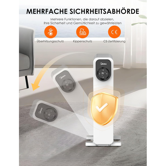 Масляний радіатор Midea NY2009-24UR, портативний електричний обігрівач з 9 ребрами, пультом дистанційного керування та сенсорним світлодіодним екраном, електричний радіатор з термостатом, 4 режими, захист від перегріву та перекидання, тиха робота, 2000 Вт