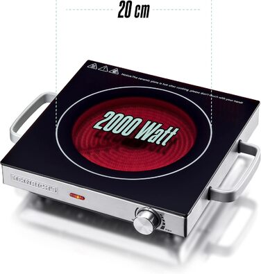 Інфрачервона варильна поверхня HEINRICHS Склокерамічна варильна поверхня з інфрачервоним нагріванням, електричні варильні поверхні, що підходять для всіх каструль і сковорідок, 2000 Вт для кемпінгу/офісу/кухні/на відкритому повітрі/одиночна, одинарна вари