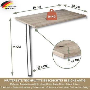 Настінний розкладний стіл KDR 80x50 см, сучковатий дуб розкладний стіл з хромованою ніжкою для настінного монтажу як обідній, письмовий або кухонний стіл висота 74 см