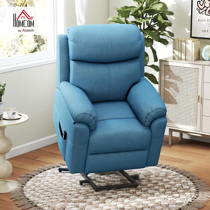 Електричне крісло-реклайнер HOMCOM з підйомником, розкладне крісло з пультом дистанційного керування, бічна кишеня, пружинна основа з кишеньковим механізмом, лляний вигляд, синій, без функції масажу