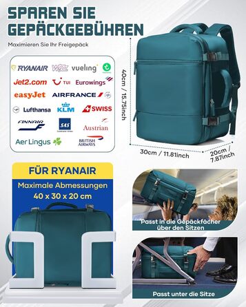 Рюкзак Suradar для ручної поклажі 40x30x20 см для Ryanair, Wizzair, малий рюкзак для ручної поклажі, літак, 24 л, дорожній рюкзак, сумка 40x30x20 см, рюкзак для ручної поклажі під сидінням для ноутбука 15,4 дюйма, колір павиного синього, F-pavion blue 40x