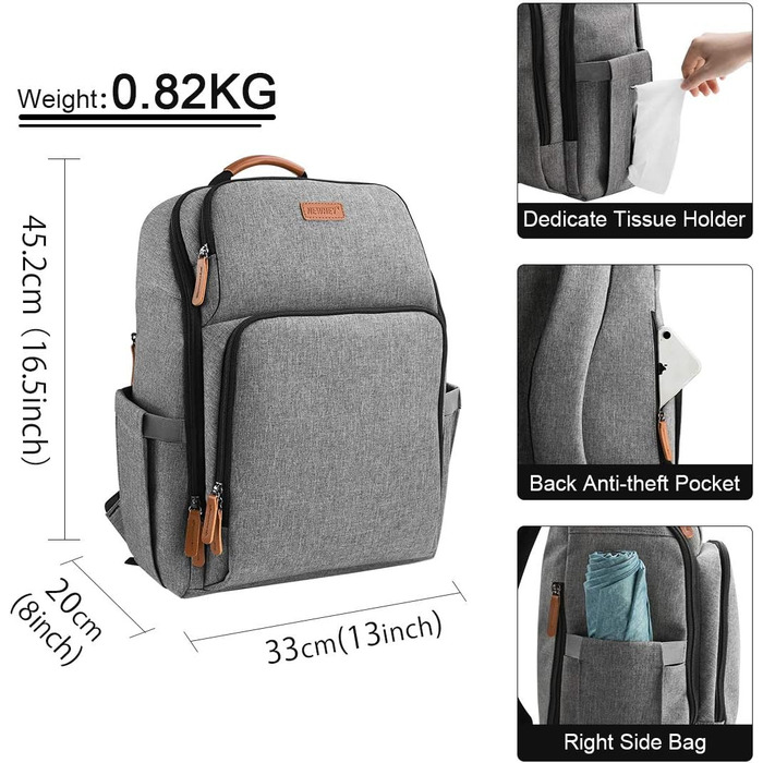 Пеленальний рюкзак Багатофункціональний великий місткий дитячий рюкзак для подорожей і 2 ремені для коляски на ходу 28 л сірий