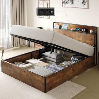 Ліжко з механізмом зберігання та підйому, ліжко-платформа з дерев&39яним узголів&39ям, відділеннями для зберігання та зарядною станцією, без матраца (коричневе, 140x200 см) Коричневий 140x200 см