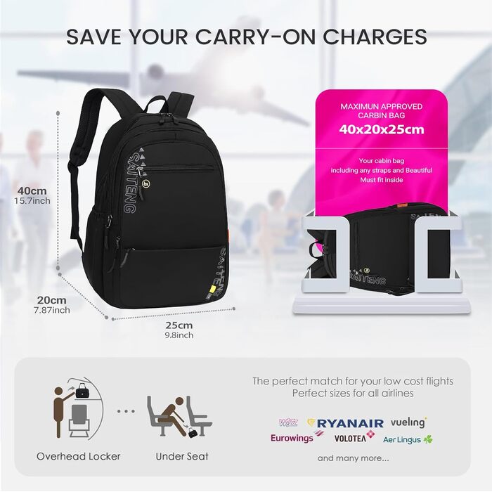 Рюкзак 40x20x25 для подорожей літаком Ryanair, розширюваний рюкзак для ноутбука 15,6 дюймів, дорожня сумка для ділових поїздок, рюкзак для ноутбука чорного кольору - 40 x 20 x 25 см