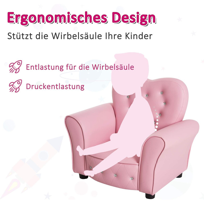 Дитяче крісло/диван HOMCOM, ніжки з масиву дерева, подушка з пінопласту, дитячий стілець для дитячої кімнати/ігрової кімнати, 59 x 41,5 x 49 см, для дітей 1,5-3 років, рожевий