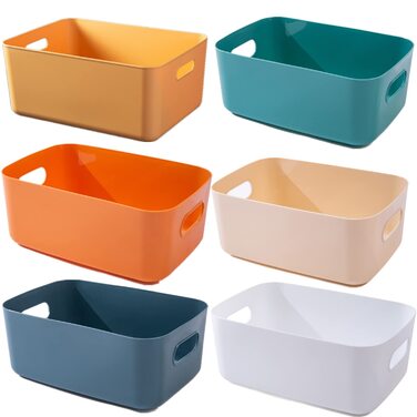 Елементні пластикові коробки для зберігання, різні кольори, кошики для організації зберігання для кухні, шафи, офісу, ванної кімнати, іграшок, домашнього прибирання, відкриті контейнери для зберігання з ручками (6 шт. 24x17,5x9,5 см), 6-