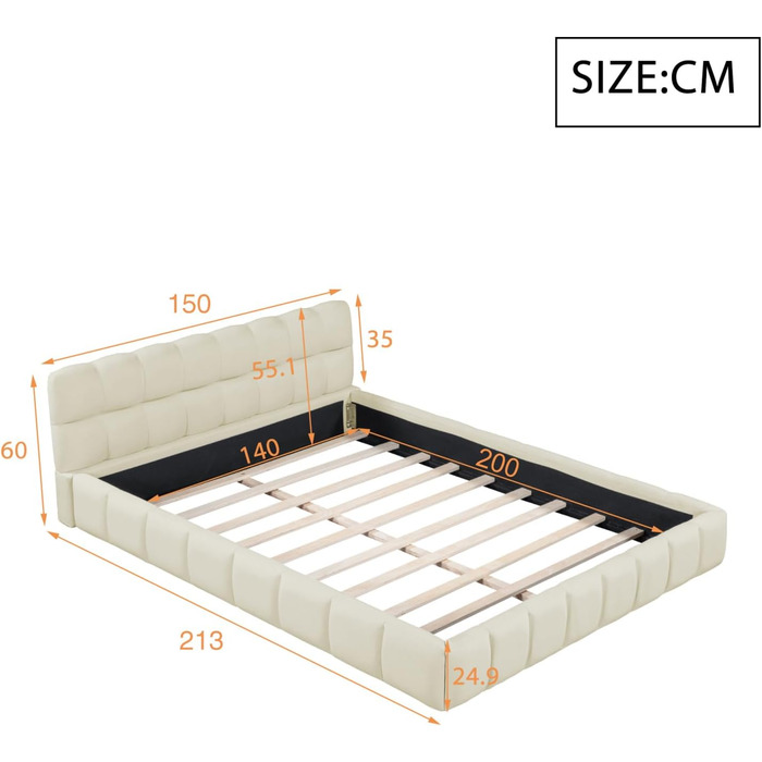 М&39яке ліжко 140x200 см Ліжко-бульбашка, двоспальне ліжко з м&39яким узголів&39ям, дитяче ліжко, каркас ліжка з рейковою основою, лляне, без матраца (Бежевий, 140 x 200 см) Бежевий-b 140 x 200 см