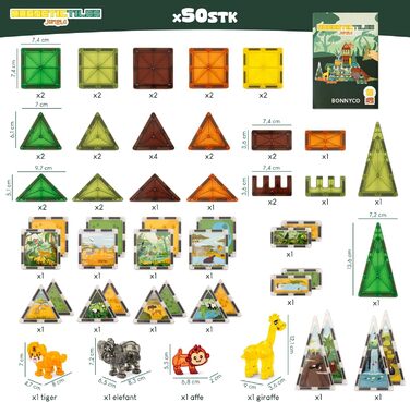 Магнітний конструктор BONNYCO з фігурками тварин (50 шт.) Навчальні магнітні плитки з ілюстраціями, розвиваюча іграшка для хлопчиків та дівчаток, подарунок на Різдво (тема Джунглі)