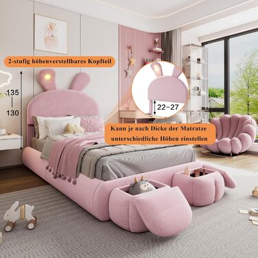 М&39яке ліжко 90x200 см, дитяче ліжко з 2 табуретами для зберігання речей та світлодіодним приліжковим освітленням, розкладні вушка зайчика, каркас ліжка зі світлодіодним освітленням для дівчаток, дитяче ліжко з рейковою основою, оксамит, рожевий, без мат