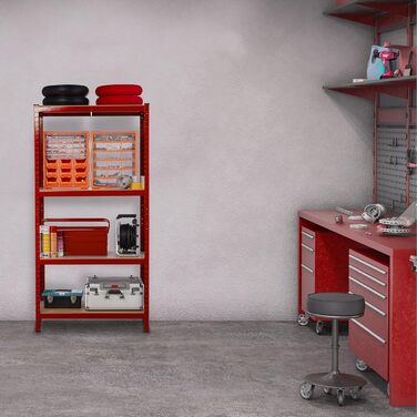 Полиця для зберігання Relaxdays High-Tech 150x70x30 см, 4 полиці, сталь, червоний Вантажопідйомність 700 кг, полиця для підвалу, гаража, вставна збірка