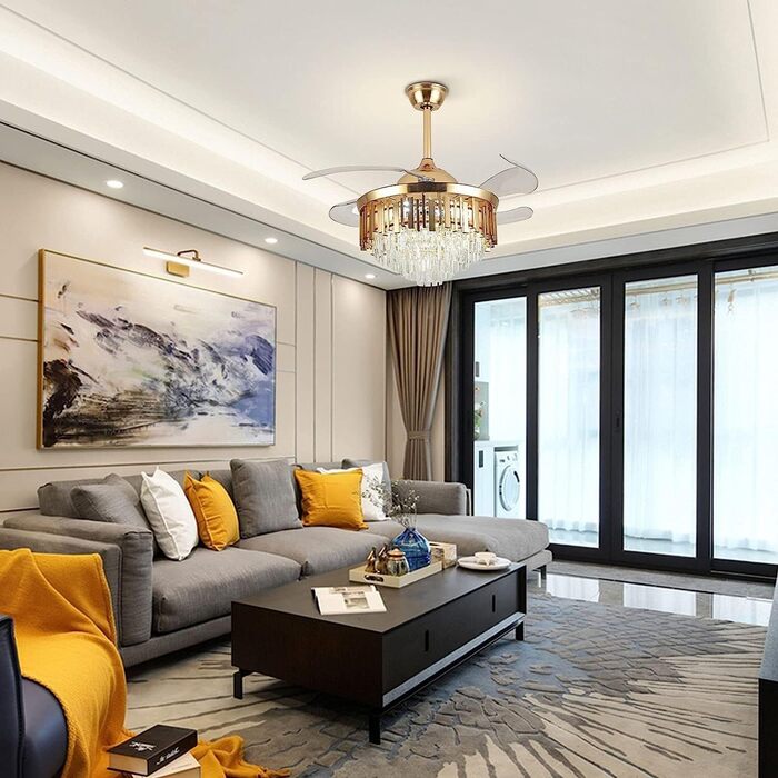 Тиха лампа вентилятора Сучасний кришталевий стельовий вентилятор круглий невидимий висувний вентилятор люстра світлодіодний з регу