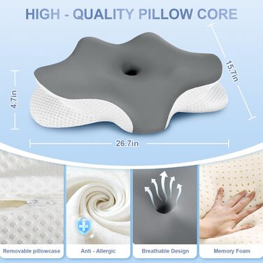 Подушка для шиї, подушка з піни з ефектом пам&39яті, ергономічна подушка для сну на боці, спині та животі з 2 знімними чохлами, сіра