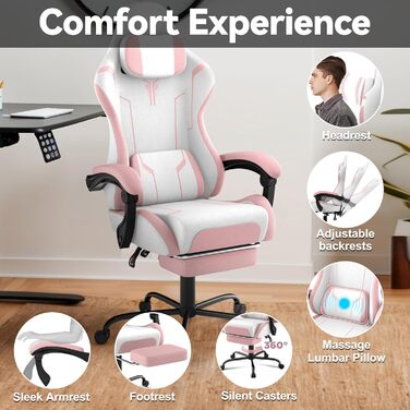 Ігрове крісло HENGMEI Ергономічне комп&39ютерне крісло Масажне ігрове крісло Офісне крісло Поворотне крісло з масажною поперековою подушкою, підставкою для ніг, м&39якими підлокітниками Підголівник Настільне ігрове крісло, рожеве - шорстка поверхня
