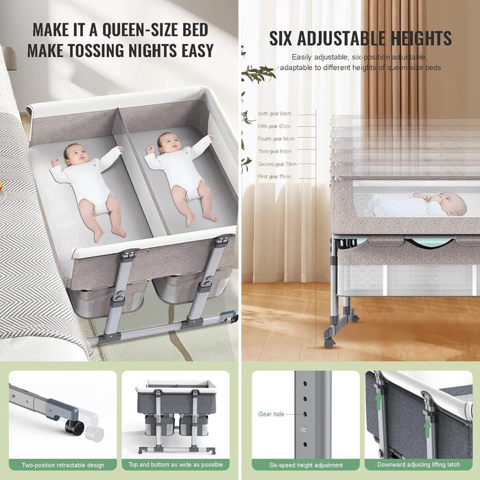 Односпальне ліжко для двох немовлят, дитяче ліжко для близнюків, колиска для близнюків, односпальне ліжко поруч зі мною, регульована висота в 6 напрямках, легко розкладне спальне ліжко, портативне дитяче ліжко кольору хакі
