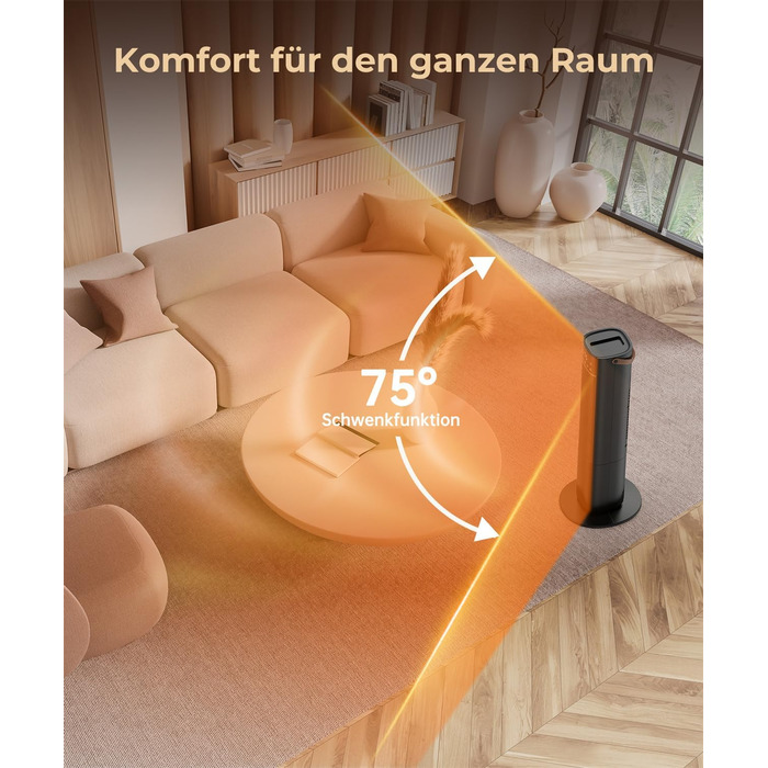 Енергозберігаючий електричний нагрівач, керамічний нагрівач PTC потужністю 2000 Вт, коливальний електричний нагрівач 75 з термостатом, тихий електричний нагрівач, 3 режими, 24-годинний таймер, захист від перегріву та перекидання